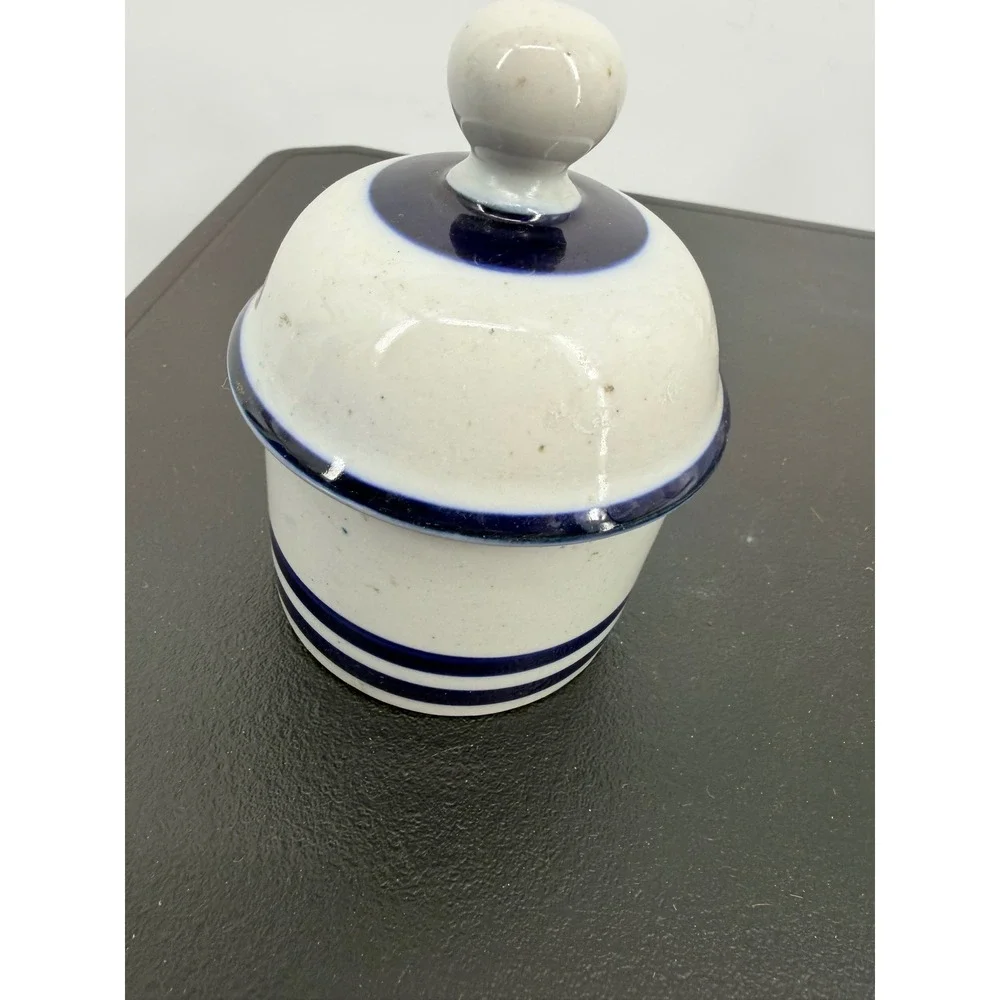 Dansk International Designs Blue Striped Stoneware Jam Honey Pot Lid Japan MCM